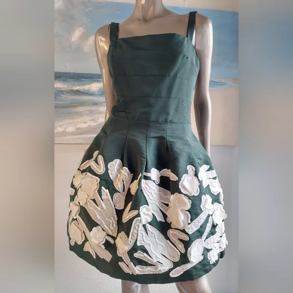 ❤️BUY2️⃣GET1️⃣🆓 $6,740 NEW OSCAR DE LA RENTA GREEN WHT SILK FLORAL DRESS 8 - Picture 4 of 15
